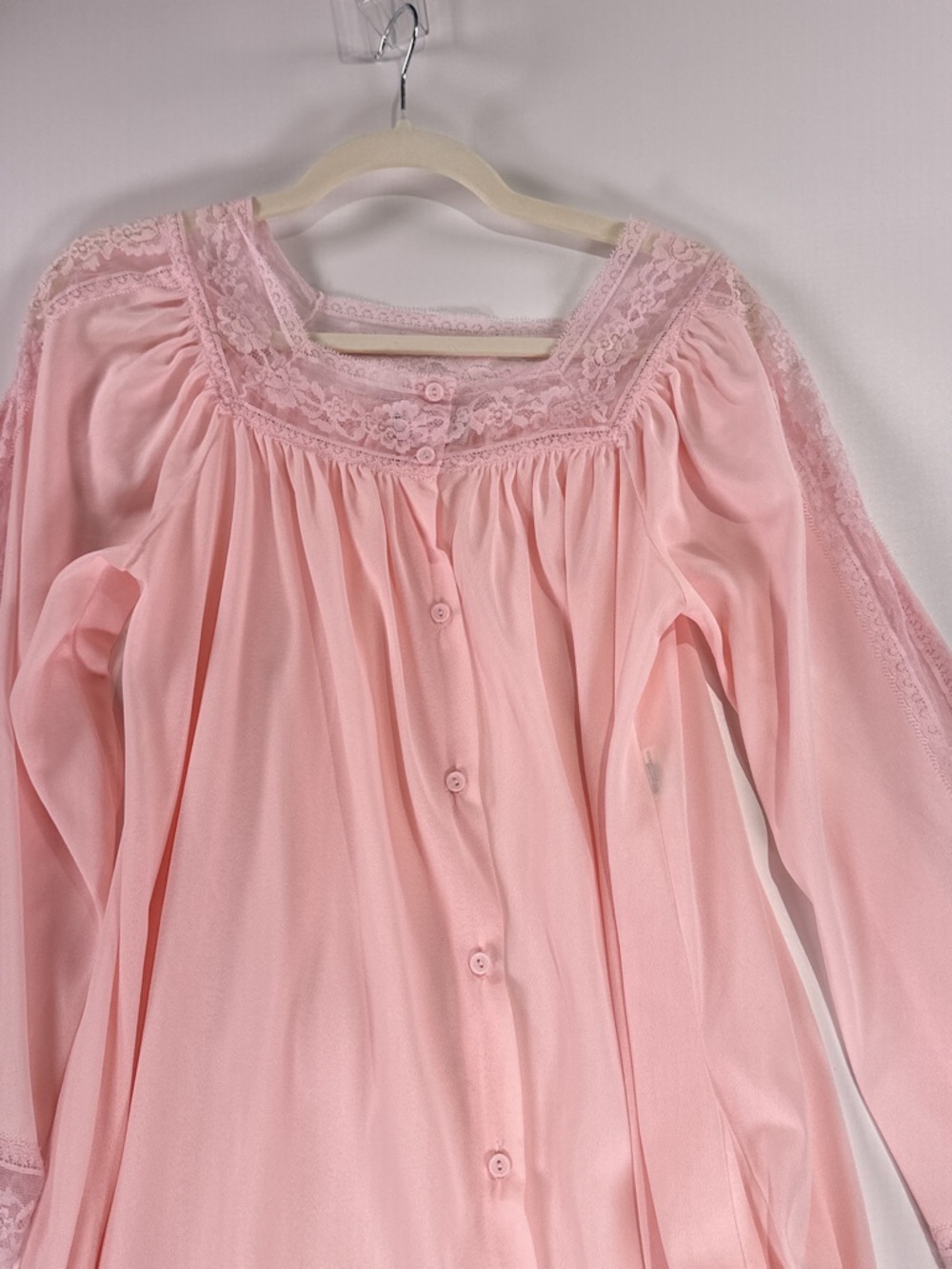 Diane Von Furstenberg Long Soft Pink Button-Front Nightgown with Lace - Picture 9 of 15